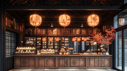 Naklejka premium Serene Asian Bakery: Warm Lighting, Intricate Woodwork, and Delicious Treats