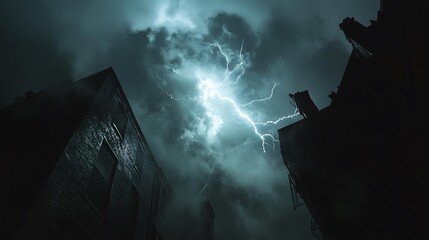 Lightning strike over dark city buildings at night.