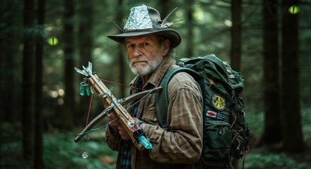 Crazy elderly man with a crossbow in a dense forest, showcasing survival skills while hunting the alien reptilians