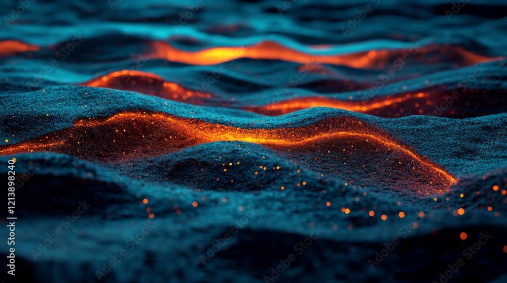 Poster an abstract depiction of waves in motion with shimmering particles