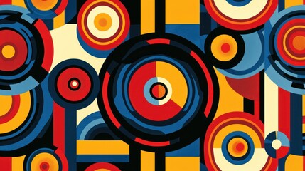 A seamless geometric pattern with bright, bold colors and shapes, creating a modern, abstract look.