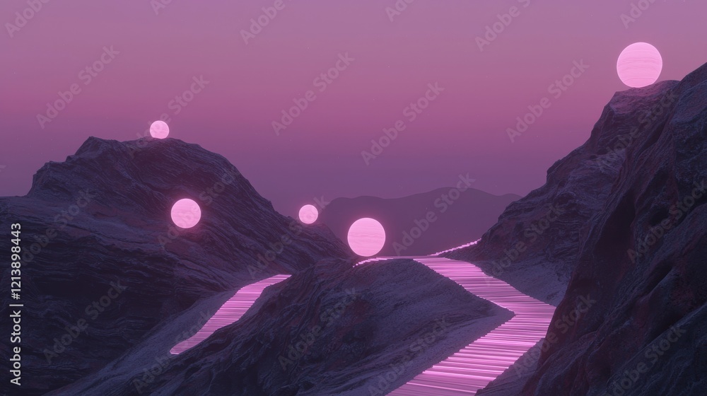 Canvas Prints a mountain range with a pink glow and a path of glowing balls