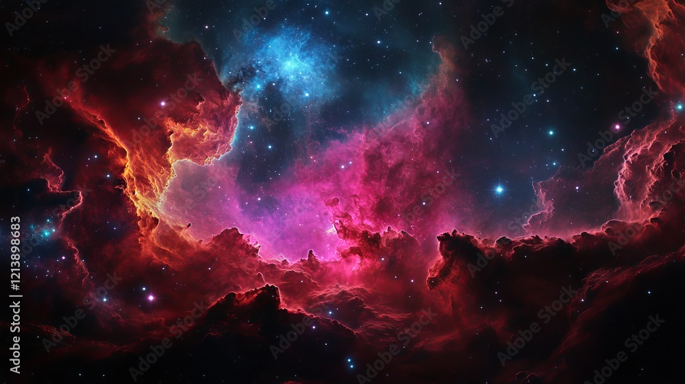 Poster abstract cosmic backdrop featuring swirling red and pink tones, interspersed with sparkling particle