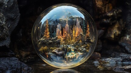 Soap bubble reflecting a miniature world with lush forests and vibrant cities inside