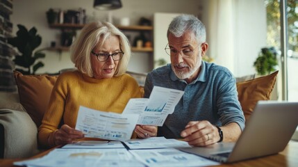 A senior couple reviewing their retirement savings plan with charts and documents at home.