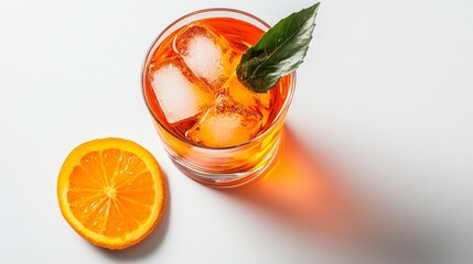 Glass of orange juice with ice cubes and a leaf on top.