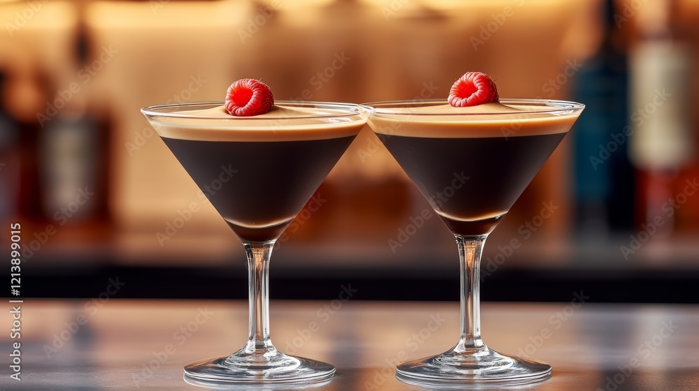 Poster two martinis with raspberries on top are sitting on a bar. the glasses are filled with a dark liquid
