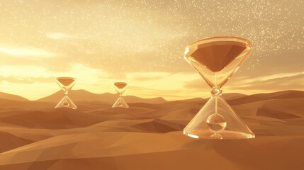 Three glass hourglasses are set on a sandy desert landscape
