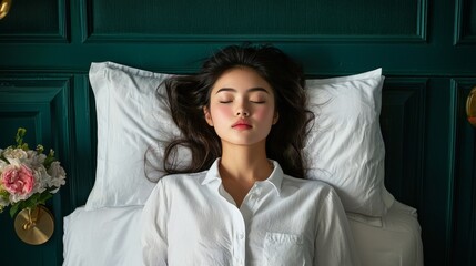 Relaxing woman sleeping peacefully in elegant bedroom lifestyle photography calm environment top view