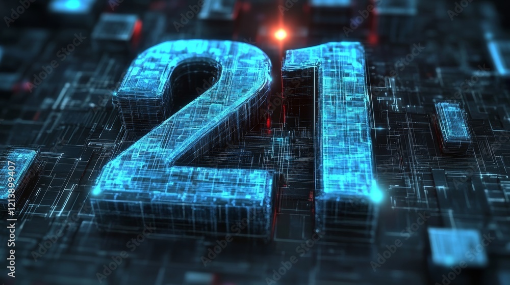 Poster glowing digital three-dimensional numbers 21 rises from futuristic circuit board background
