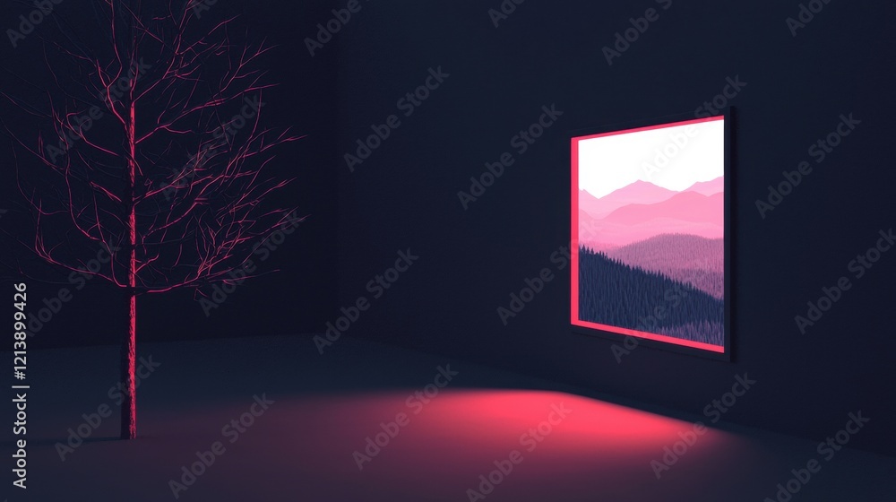 Poster a window with a view of mountains and a tree in the foreground