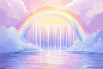 Serene Waterfall with a Colorful Rainbow Under Soft Clouds and a Dreamy Sky for Enchanting and Whimsical Background Imagery