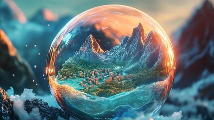 Shimmering soap bubble encasing a vibrant world of mountains and cities with lush green forests inside