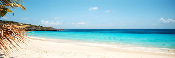 Scenic composition of palm leaves on ocean beach background	