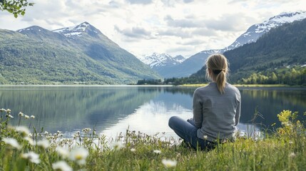 Fototapeta premium A serene portrait of a woman sitting by a lake, surrounded by mountains, reflecting the connection between humans and nature