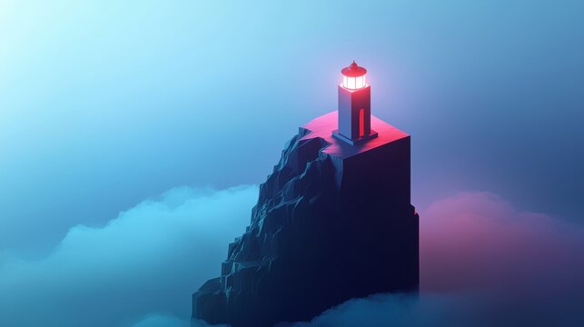 A lighthouse is on a rocky cliff with a cloudy sky in the background