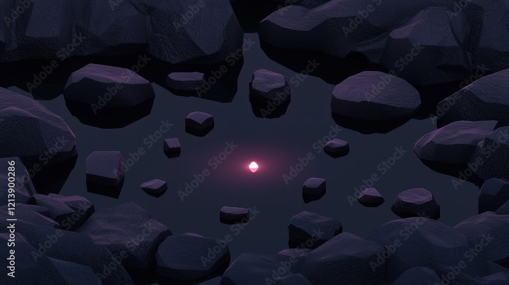 Poster a dark image of a pond with a red glowing object in the center