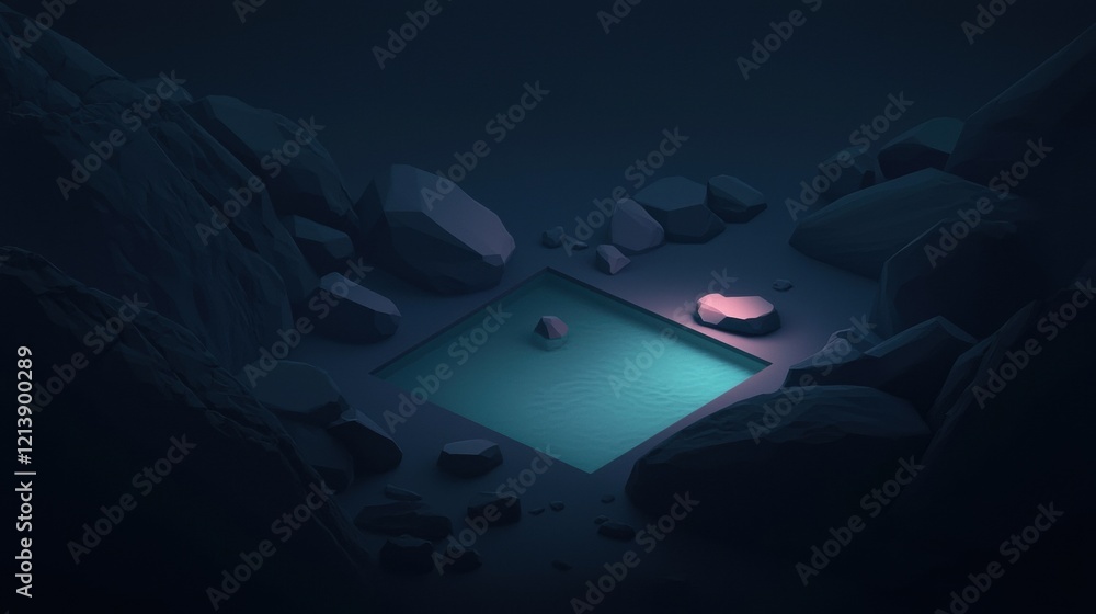 Poster a dark image of a pool with a rock in it