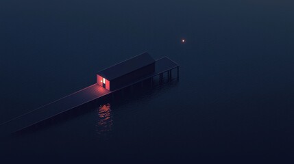 Fototapeta premium A dark image of a dock with a red door and a small building