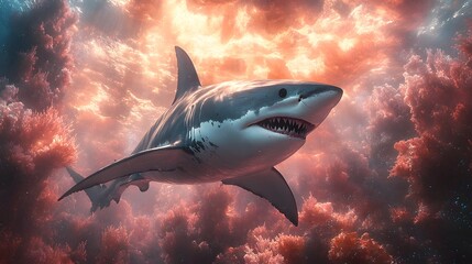 Fototapeta premium Razor Finned Shark Gliding Through Bioluminescent Deep Sea Oasis