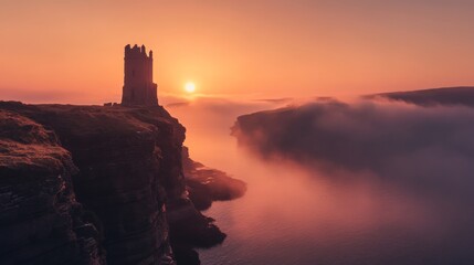 Obraz premium A moss-covered ruin on an island bathes in the sunlight at dawn