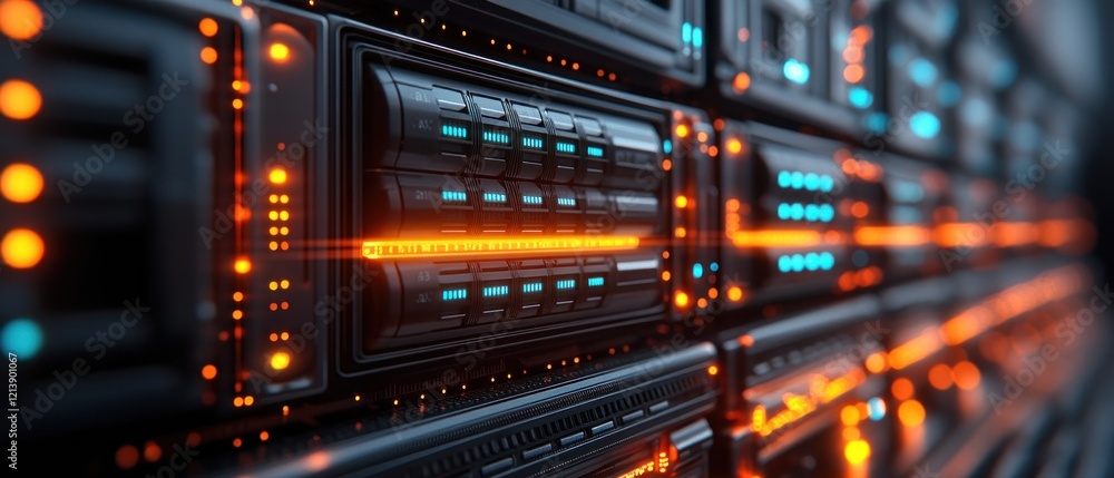 Poster closeup of data servers with glowing lights in tech hub