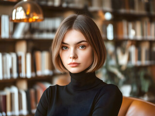 Portrait of a young woman with a bob haircut in a library setting, her serious gaze and stylish turtleneck create an elegant and sophisticated vibe