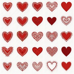 Collection of decorative red hearts on a white background
