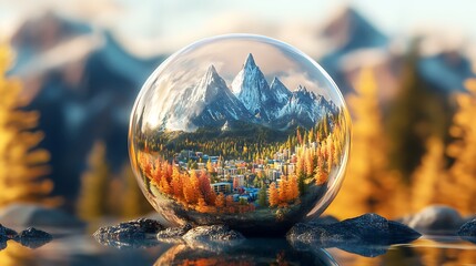 Soap bubble reflecting a miniature landscape with vibrant cities mountains and forests nestled inside
