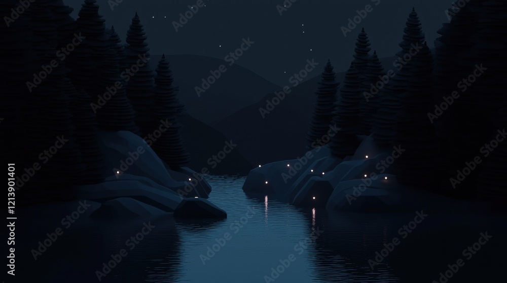 Canvas Prints a dark forest with a river and a mountain in the background