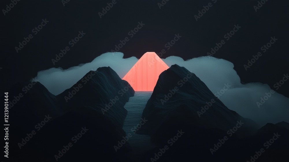 Poster a mountain range with a red object in the middle