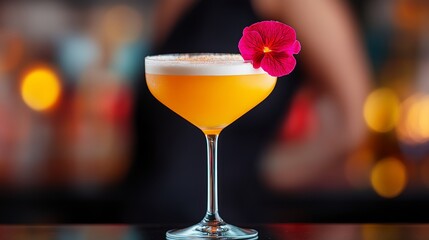 Glass of yellow liquid with a pink flower on top. The drink is in a tall glass and is sitting on a counter
