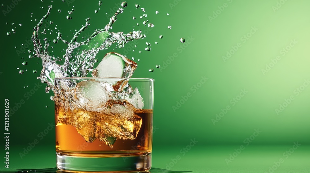 Poster glass of liquor with ice cubes in it is splashing water. concept of fun and excitement, as the ice c