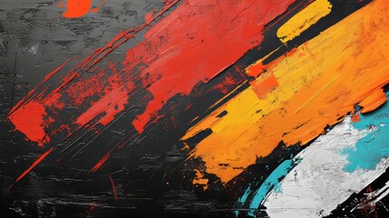 Abstract piece showcasing orange, black, and white splashes against a textured backdrop