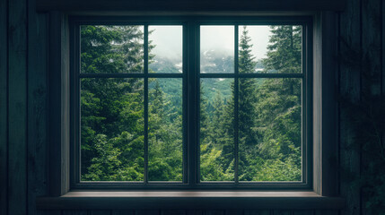 Fototapeta premium Woodland window scenery nature landscape green tree view window decor wallpaper