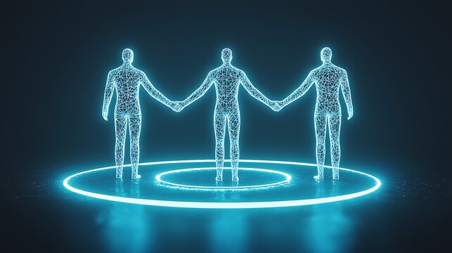 A collaboration visualized by 3D abstract figures holding hands, circular pathways glowing beneath them, cool blue lighting, minimalistic background emphasizing unity
