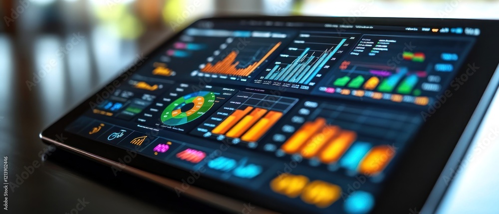 Poster data visualization on tablet with graphs and charts