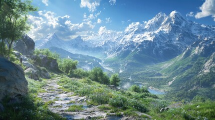 A mountain range with snow-capped peaks and lush green valleys, with an ancient trail winding through the landscape on a sunny day