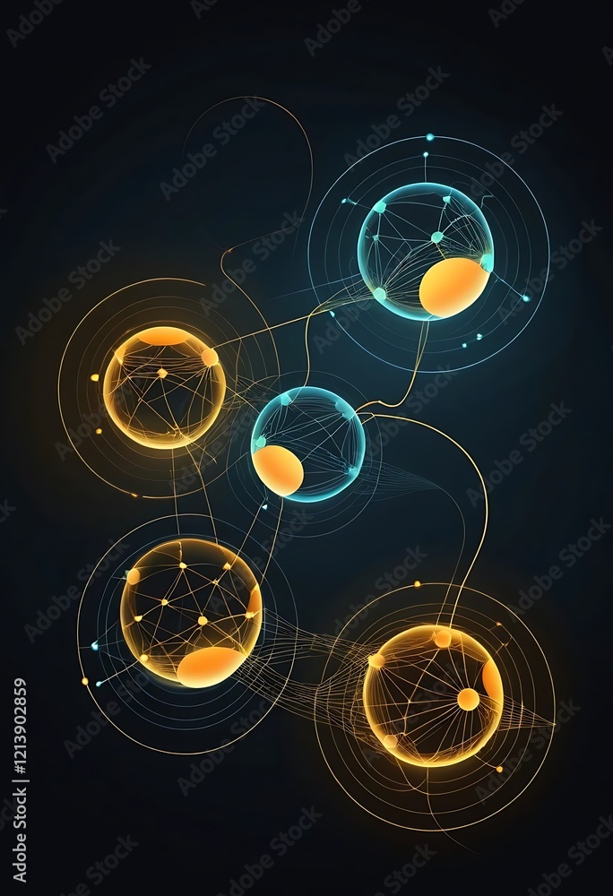 Poster interconnected glowing orbs form a complex network system