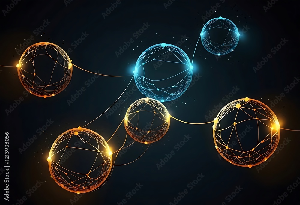 Poster interconnected glowing spheres form a network pattern