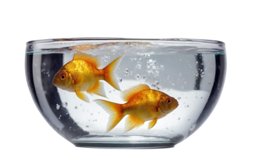 two goldfish in glass bowl full of water with bubbles isolated on transparent background, png file with copy space for your text