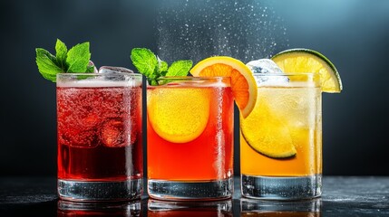 Three glasses of different colored drinks with ice and fruit slices in them. The drinks are served in a row, with the first glass being red, the second glass being orange