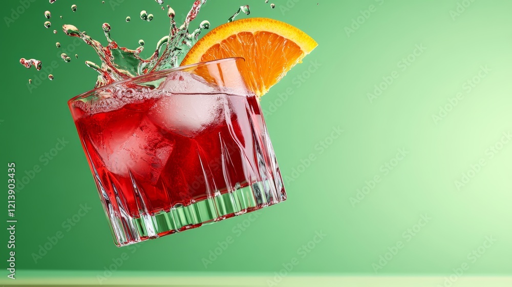 Poster glass of red cocktail with a slice of orange floating above it. the drink is in the air, and the ora