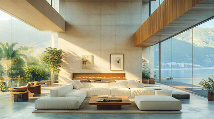 A modern living room with a large white sectional couch and a patterned rug