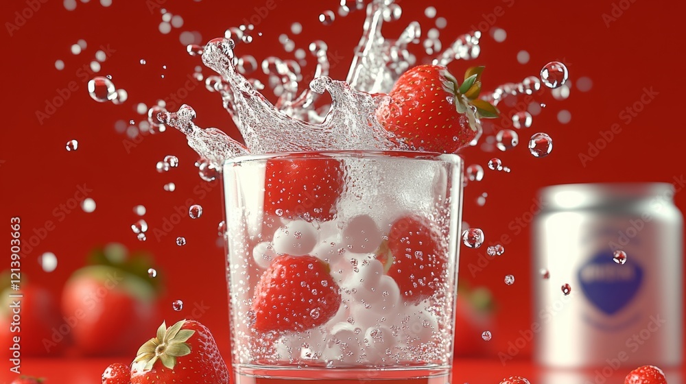 Poster glass of water with a bunch of strawberries floating in it. the water is splashing out of the glass,