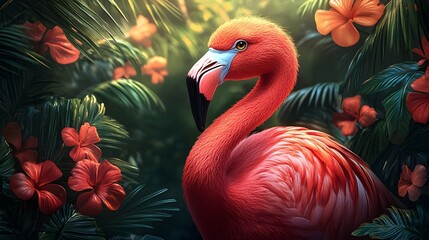 Obraz premium Vibrant Cartoon Flamingo Grooving to Upbeat Tropical Music in Retro Inspired Hawaiian Luau Setting