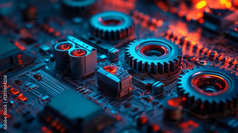 Poster a visual representation of connected gears and electronic circuits