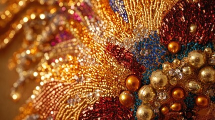A festive display of beads and sequins on a carnival mask, illuminated by golden sunlight, rich textures and vibrant colors