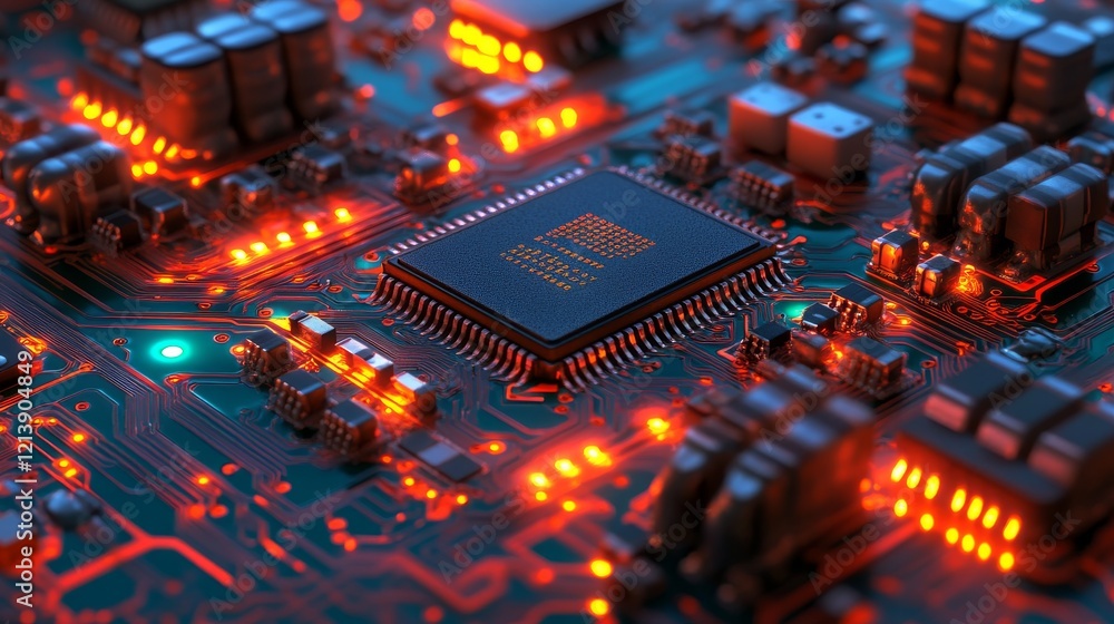 Poster close-up view of a bright microchip on a circuit board, demonstrating cutting-edge technology