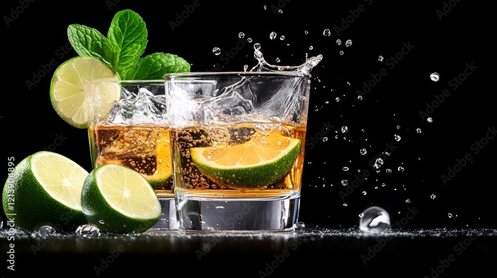 Poster two glasses of liquor with lime slices in them. the glasses are full and the lime slices are cut in 